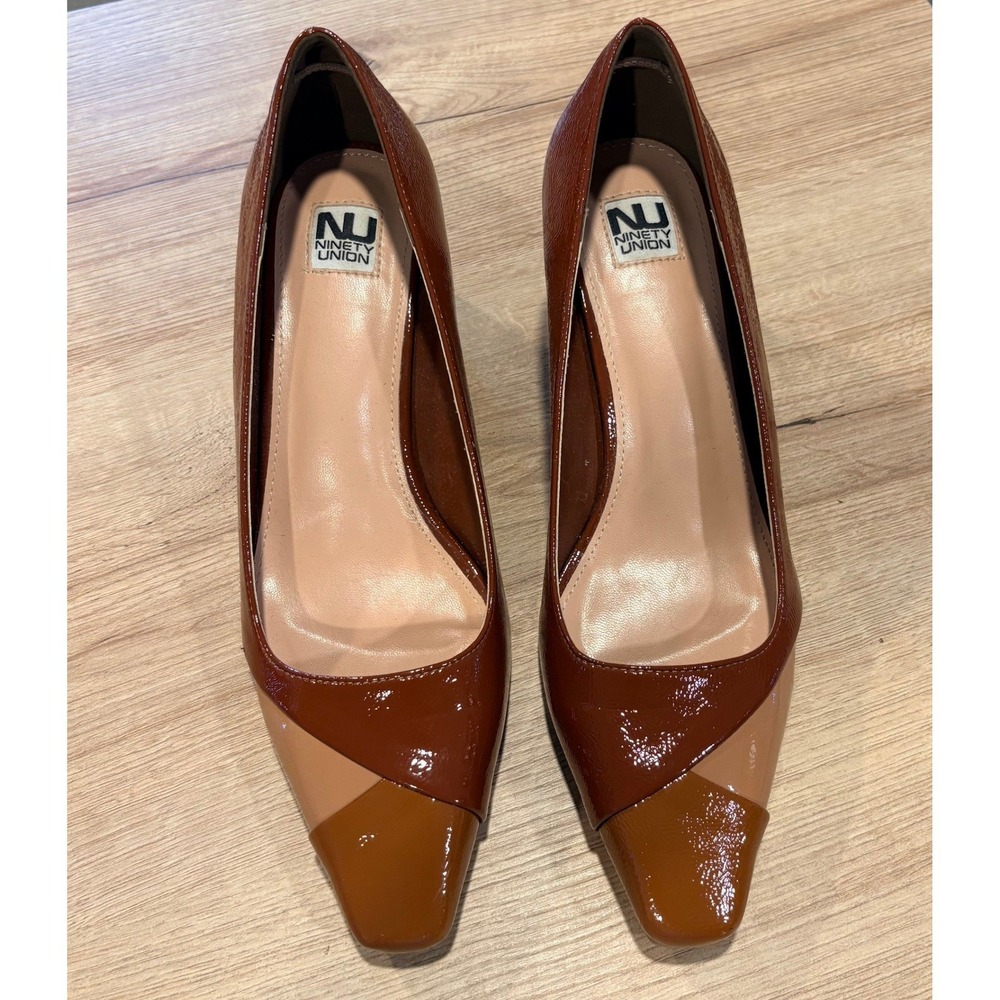 Ninety Union Womens Brown Colorblock Patent Geometric Block Heel Square Toe Pump